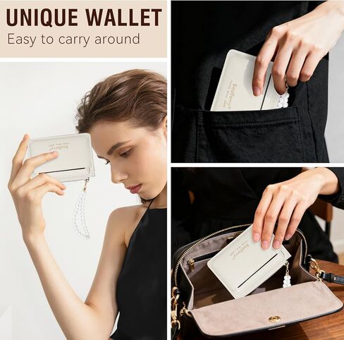 Small Wallet For Women,Slim Wallet Women Credit Card Holder RFID Blocking Pearl Wrist let Wallets with Zipper Pocket for women girls (White) in Saudi Arabia