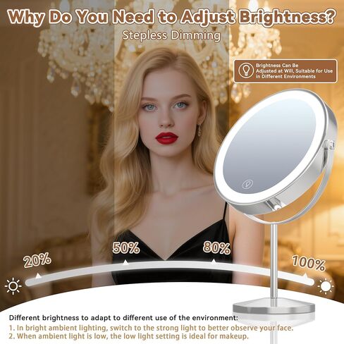مرآة مكبرة مقاس 9 بوصات مع ضوء 1X/20X، مرآة مكياج مع ضوء تتضمن مرآة صغيرة، قابلة لإعادة الشحن 2000 مللي أمبير في الساعة، دوران 360 درجة، 3 أوضاع للألوان، مزدوجة الجوانب، مثالية للحواجب والعدسات والعناية بالبشرة in Kuwait