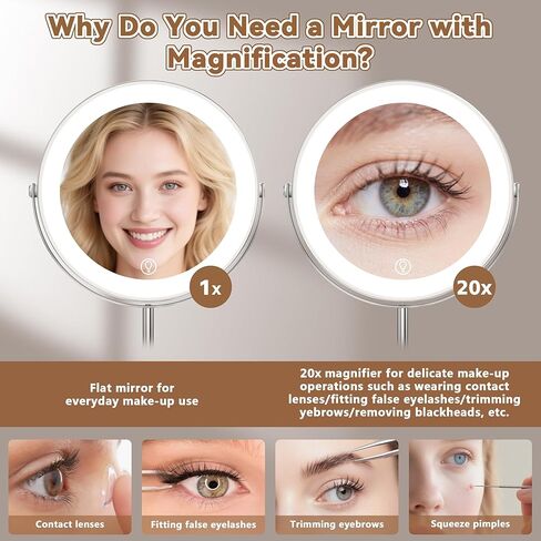 مرآة مكبرة مقاس 9 بوصات مع ضوء 1X/20X، مرآة مكياج مع ضوء تتضمن مرآة صغيرة، قابلة لإعادة الشحن 2000 مللي أمبير في الساعة، دوران 360 درجة، 3 أوضاع للألوان، مزدوجة الجوانب، مثالية للحواجب والعدسات والعناية بالبشرة in Kuwait