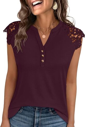 ANRABESS Womens Tops Dressy Casual Lace Cap Sleeve Henley Shirts Summer Sleeveless Button Down Blouses 2026 Spring Outfits in Saudi Arabia