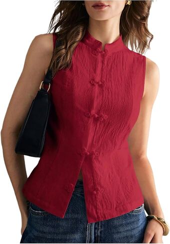 SHENHE Women's Linen Shirt Chinese Frog Button Stand Collar Tank Sleeveless Going Out Tops in Saudi Arabia