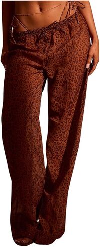 WDIRARA Women's Leopard Print Cover Up Pants Drawstring Waist Mesh Sheer Beach Pants in Saudi Arabia