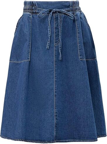 Womens Elastic Waist Denim Skirts Casual A-Line Flare Midi Jean Skirt with Pockets in Saudi Arabia