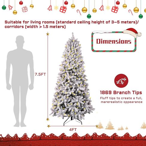 7.5 ft Flocked Christmas Tree Prelit, Include Premium Stand & Storage Bag, 798 Warm & Multi-Color Automatic Lights, 3-Minute Quick Power Connect, 1869 PVC Branch Tips for Indoor Holiday Decorating in Saudi Arabia