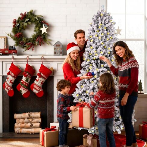 7.5 ft Flocked Christmas Tree Prelit, Include Premium Stand & Storage Bag, 798 Warm & Multi-Color Automatic Lights, 3-Minute Quick Power Connect, 1869 PVC Branch Tips for Indoor Holiday Decorating in Saudi Arabia