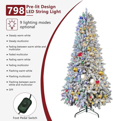 7.5 ft Flocked Christmas Tree Prelit, Include Premium Stand & Storage Bag, 798 Warm & Multi-Color Automatic Lights, 3-Minute Quick Power Connect, 1869 PVC Branch Tips for Indoor Holiday Decorating in Saudi Arabia