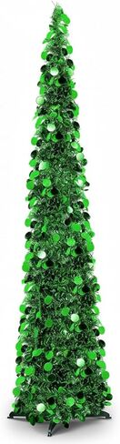 Aoriher 5 ft Pre-lit Pop up Green Christmas Tinsel Tree Decor Reusable Collapsible Artificial Sequins Slim Pencil Tree with Colorful String Lights for Holiday Party Home Indoor Outdoor in Saudi Arabia