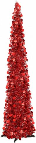 Aoriher 5 ft Pre-lit Pop up Green Christmas Tinsel Tree Decor Reusable Collapsible Artificial Sequins Slim Pencil Tree with Colorful String Lights for Holiday Party Home Indoor Outdoor in Saudi Arabia