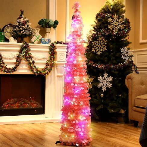 Aoriher 5 ft Pre-lit Pop up Green Christmas Tinsel Tree Decor Reusable Collapsible Artificial Sequins Slim Pencil Tree with Colorful String Lights for Holiday Party Home Indoor Outdoor in Saudi Arabia