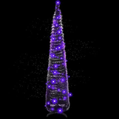 Aoriher 5 ft Pre-lit Pop up Green Christmas Tinsel Tree Decor Reusable Collapsible Artificial Sequins Slim Pencil Tree with Colorful String Lights for Holiday Party Home Indoor Outdoor in Saudi Arabia