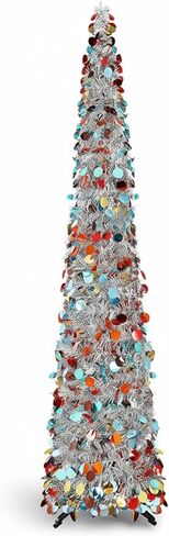 Aoriher 5 ft Pre-lit Pop up Green Christmas Tinsel Tree Decor Reusable Collapsible Artificial Sequins Slim Pencil Tree with Colorful String Lights for Holiday Party Home Indoor Outdoor in Saudi Arabia