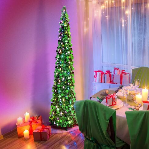 Aoriher 5 ft Pre-lit Pop up Green Christmas Tinsel Tree Decor Reusable Collapsible Artificial Sequins Slim Pencil Tree with Colorful String Lights for Holiday Party Home Indoor Outdoor in Saudi Arabia