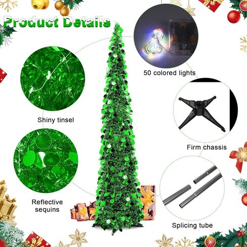 Aoriher 5 ft Pre-lit Pop up Green Christmas Tinsel Tree Decor Reusable Collapsible Artificial Sequins Slim Pencil Tree with Colorful String Lights for Holiday Party Home Indoor Outdoor in Saudi Arabia