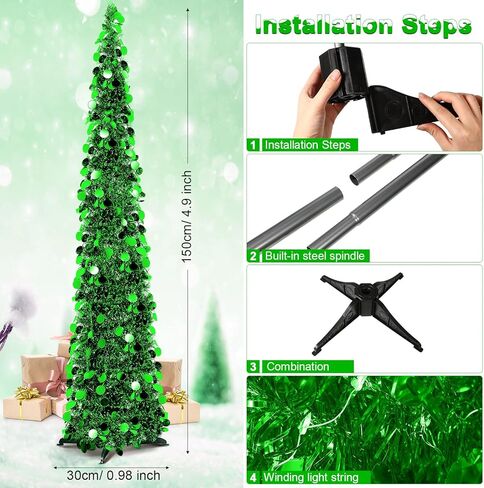 Aoriher 5 ft Pre-lit Pop up Green Christmas Tinsel Tree Decor Reusable Collapsible Artificial Sequins Slim Pencil Tree with Colorful String Lights for Holiday Party Home Indoor Outdoor in Saudi Arabia