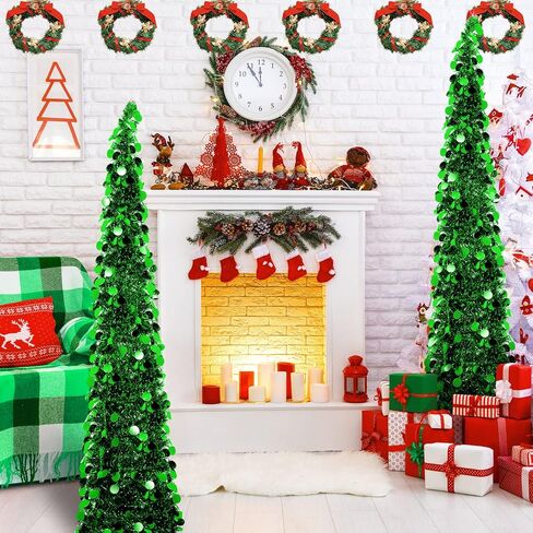 Aoriher 5 ft Pre-lit Pop up Green Christmas Tinsel Tree Decor Reusable Collapsible Artificial Sequins Slim Pencil Tree with Colorful String Lights for Holiday Party Home Indoor Outdoor in Saudi Arabia