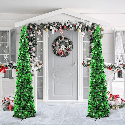 Aoriher 5 ft Pre-lit Pop up Green Christmas Tinsel Tree Decor Reusable Collapsible Artificial Sequins Slim Pencil Tree with Colorful String Lights for Holiday Party Home Indoor Outdoor in Saudi Arabia