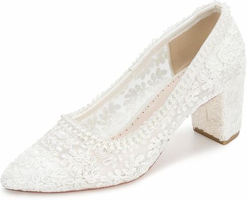 6351 Women’s Closed Toe Wedding Shoes 2.56 Inch Block Heel Lace Pearl Bridal Pumps Elegant Comfortable Heels in Kuwait