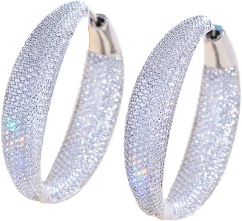 Cubic Zirconia Big Round Hoop Earrings, White Gold Plated Statement Dangle, 532pcs Clear CZ Crystal Paved, Wedding Party Jewelry for Women in Saudi Arabia