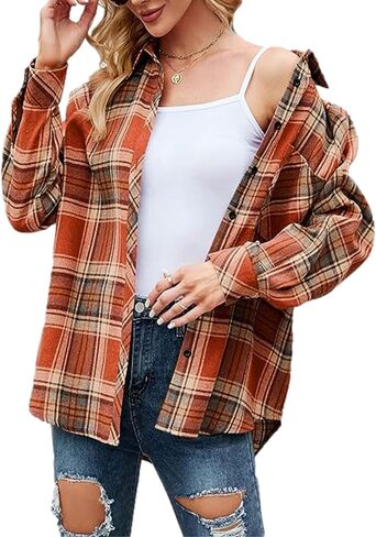 Zontroldy Womens Flannel Shirt Plaid Buffalo Long Sleeve Button Down Oversized Flannels Shirts Blouse Tops in Saudi Arabia