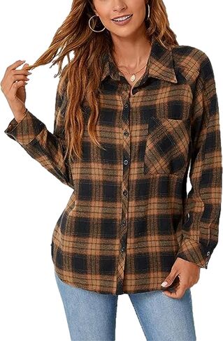 Zontroldy Womens Flannel Shirt Plaid Buffalo Long Sleeve Button Down Oversized Flannels Shirts Blouse Tops in Saudi Arabia
