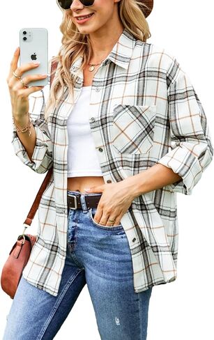 Zontroldy Womens Flannel Shirt Plaid Buffalo Long Sleeve Button Down Oversized Flannels Shirts Blouse Tops in Saudi Arabia
