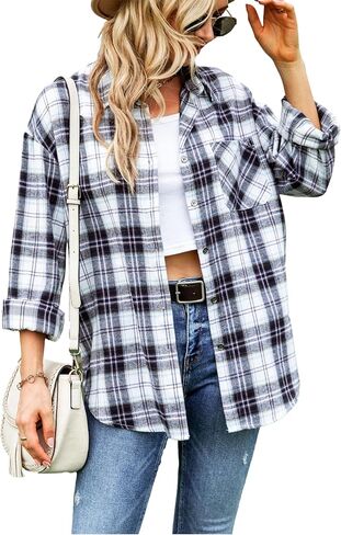 Zontroldy Womens Flannel Shirt Plaid Buffalo Long Sleeve Button Down Oversized Flannels Shirts Blouse Tops in Saudi Arabia