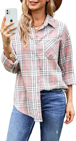 Zontroldy Womens Flannel Shirt Plaid Buffalo Long Sleeve Button Down Oversized Flannels Shirts Blouse Tops in Saudi Arabia