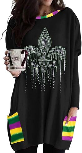 Mardi Gras Shirt Women Mardi Gras Carnival Long Sleeve Shirts New Orleans Party Blouse with Pockets in Saudi Arabia