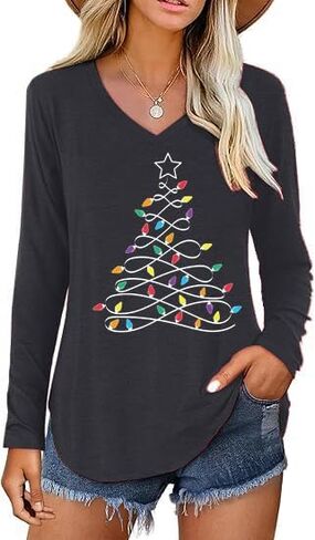 V Neck Christmas Shirts for Women Long Sleeve Xmas Casual Graphic Blouse New Year Festival Tops Winter Basic Indoor Tee in Saudi Arabia