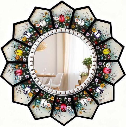 تصميم مرآة Sunburst يتميز بنمط مغربي، ديكور منزلي 11.8 بوصة ديكور جداري معلق لغرفة المعيشة وغرفة النوم والمدخل، النمط مطبوع (زهرة + أمة الله) in Kuwait