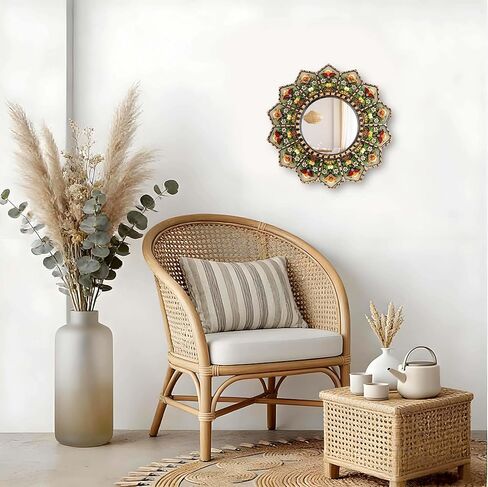 تصميم مرآة Sunburst يتميز بنمط مغربي، ديكور منزلي 11.8 بوصة ديكور جداري معلق لغرفة المعيشة وغرفة النوم والمدخل، النمط مطبوع (زهرة + أمة الله) in Kuwait
