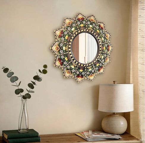 تصميم مرآة Sunburst يتميز بنمط مغربي، ديكور منزلي 11.8 بوصة ديكور جداري معلق لغرفة المعيشة وغرفة النوم والمدخل، النمط مطبوع (زهرة + أمة الله) in Kuwait