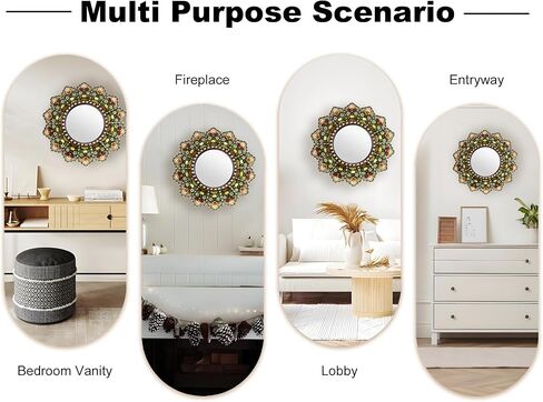 تصميم مرآة Sunburst يتميز بنمط مغربي، ديكور منزلي 11.8 بوصة ديكور جداري معلق لغرفة المعيشة وغرفة النوم والمدخل، النمط مطبوع (زهرة + أمة الله) in Kuwait