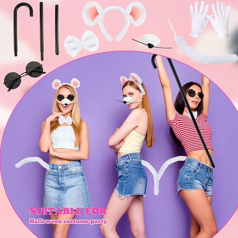 3 Set Mouse Costume Accessories White Mouse Ears Headband Tail Rat Rat Dress Up Costume for Halloween Adult Pretend Play Women Cosplay Party in Saudi Arabia