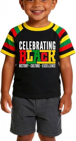 قمصان التاريخ الأسود للأطفال الأولاد والبنات، تي شيرت أسود بأكمام قصيرة لشهر التاريخ من 2 إلى 12 عامًا in Kuwait