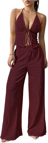WDIRARA Women's 2 Piece Camisole Pants Set Tie Front Halter Top Wide Leg Pant Casual Summer Outfits in Saudi Arabia
