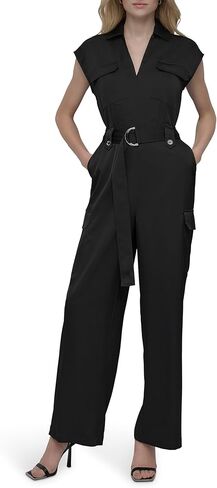 DKNY womens Cap Sleeve Collared Neck Straight Leg Belted Jumpsuit in Saudi Arabia