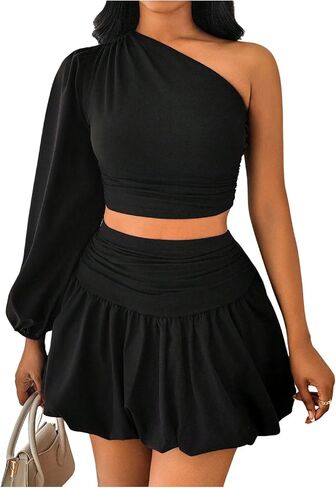 SweatyRocks Women's 2 Piece Outfits One Shoulder Long Sleeve Crop Top and Ruched Bubble Skirt Set in Saudi Arabia