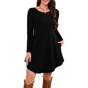 فستان DEARCASE نسائي بأكمام طويلة وفتحة رقبة مستديرة وطول الركبة فضفاض غير رسمي فضفاض فساتين تونيك متأرجحة مع جيوب in Kuwait