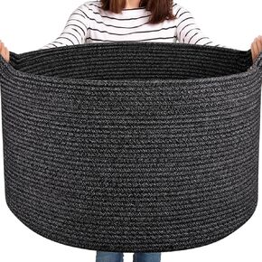 Large Blanket Basket with Handles, 22.8" x 22.8" x 13" Woven Storage Basket for Living Room, Cotton Rope Baby Toy Storage for Clothes, Pillows, Towels-Grey and White in Kuwait