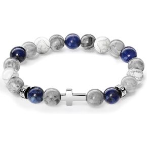 Cross Bead Bracelet for Men, 10mm Natural Stone, Adjustable Elastic Christian Bracelet, Gift for Christmas, Anniversary, Thanksgiving, Howlite/Map Stone/Blue Vein/Snowflake Obsidian/Black Agate/Tiger eye/Hematite in Saudi Arabia