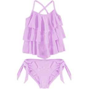 Girls Sizes 6-12 Kids 2-Piece Solid Tiered Tankini Swimsuit Set Two Piece Swimsuits in Saudi Arabia