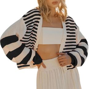Women's Striped Cardigan Sweater Long Sleeve Button Down Open Front Cropped Outerwear in Saudi Arabia