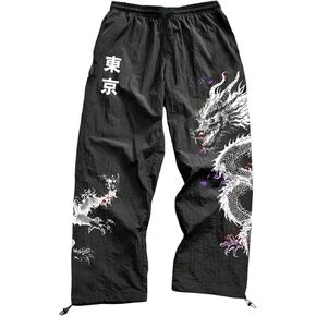 Men's Y2K Aesthetic Baggy Parachute Pants Dragon Graphic Wide Leg Street Track Pants in Saudi Arabia