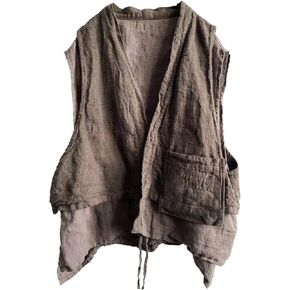 سترة LZJN نسائية من الكتان بطبقة مزدوجة بدون أكمام سترة كيمونو مفتوحة من الأمام صدرية كلاسيكية للشارع مع جيوب in Kuwait