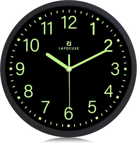 Lafocuse 12 Inch Glow in The Dark Wall Clock Black Silent Non Ticking, Modern Night Light Luminous Wall Clocks Battery Operated for Living Room Decor Bedroom Kitchen Office in Saudi Arabia