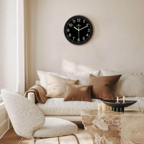 Lafocuse 12 Inch Glow in The Dark Wall Clock Black Silent Non Ticking, Modern Night Light Luminous Wall Clocks Battery Operated for Living Room Decor Bedroom Kitchen Office in Saudi Arabia