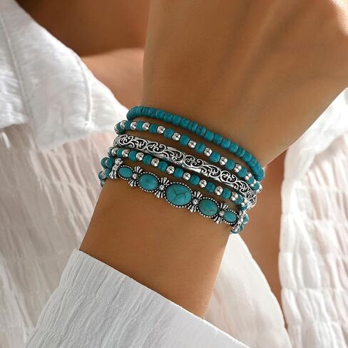 Western Bracelet for Women,Boho Turquoise Beaded Stackable Elastic Bracelets Set,Vintage Concert Country Cowboy Jewelry Accessories in Saudi Arabia