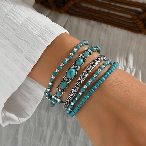 Western Bracelet for Women,Boho Turquoise Beaded Stackable Elastic Bracelets Set,Vintage Concert Country Cowboy Jewelry Accessories in Saudi Arabia