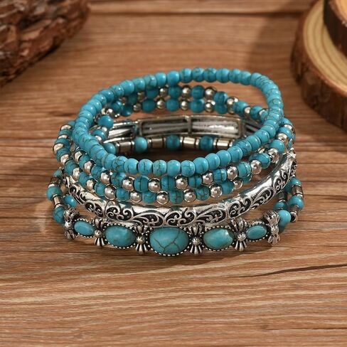 Western Bracelet for Women,Boho Turquoise Beaded Stackable Elastic Bracelets Set,Vintage Concert Country Cowboy Jewelry Accessories in Saudi Arabia